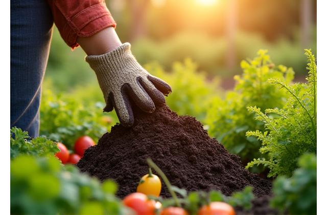 Счастливый человек перерабатывает органические отходы в компостную кучу в солнечном огороде, окруженном свежими овощами и травами.